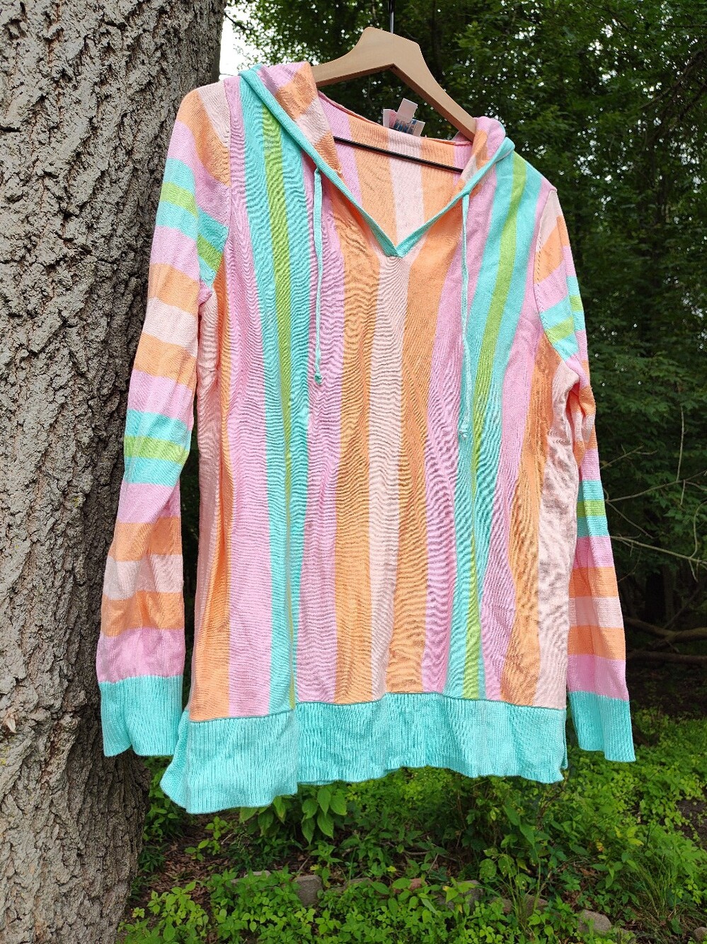 Pink Aqua Striped Belle Beach Kim Gravel Sz L  V-Neck Light Hoodie Sweatshirt